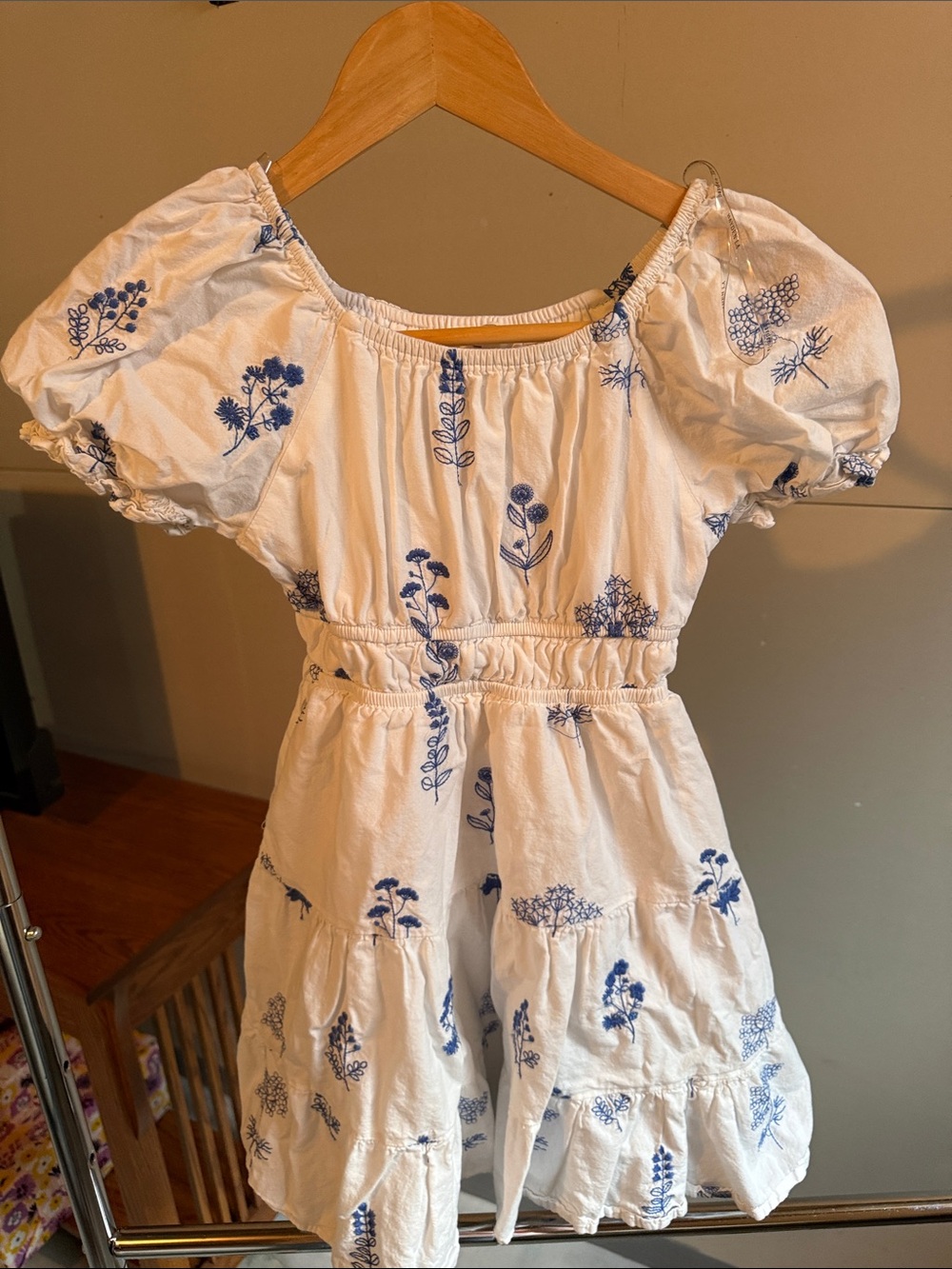 Hayden Girls White Dress with Blue Floral Embroidery
